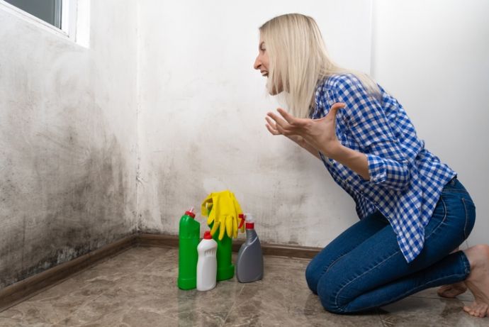 Vrouw is wanhopig om haar muur waterdicht te maken. 